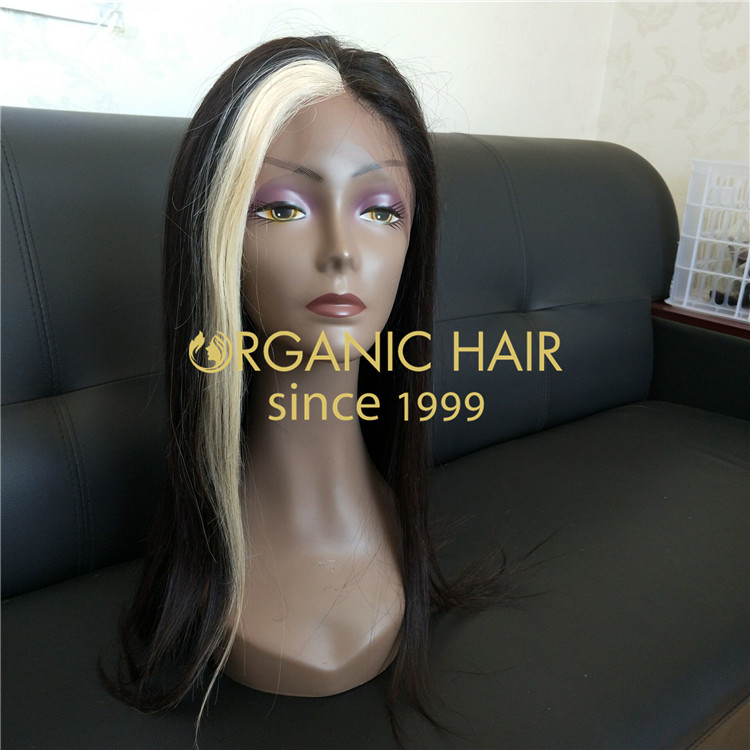 Wholesale ombre hair wigs with free part,blonde patch in the middle ,virgin hair,100% human hair wigs in Chinese factory R21